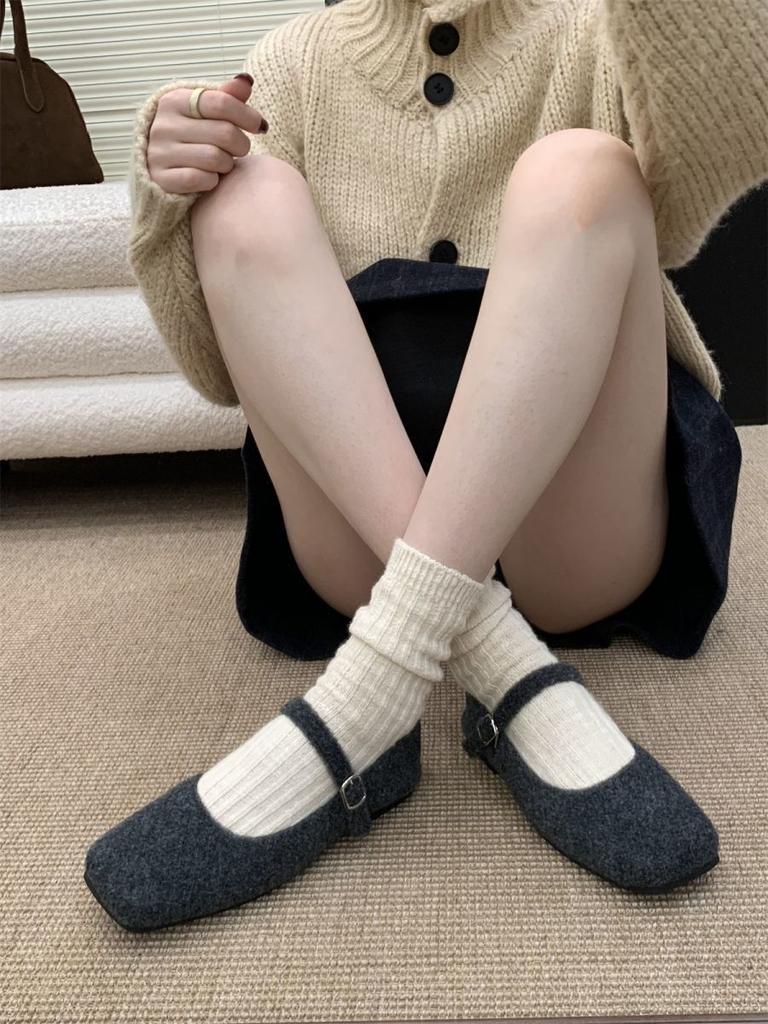 Gray Fluffy Shoes for Women To Wear In Autumn and Winter, New Korean French Mary Jane Shoes, Plush Warm Flat-soled Woolen Single Shoes