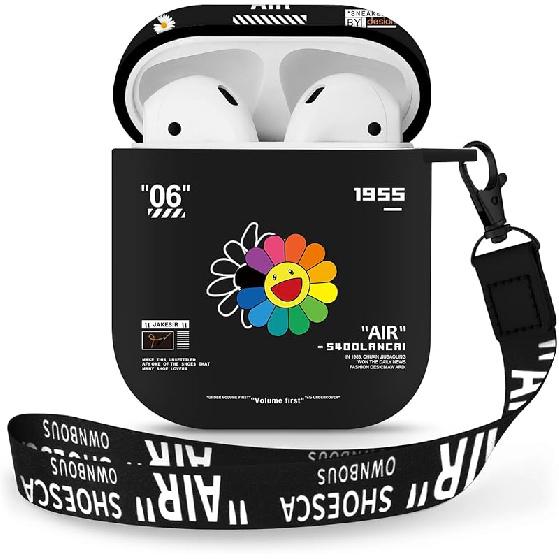 AirPods 1&2 Case Cover with Keychain for Apple AirPods 1st/2nd Generation, Rugged TPU Soft Protective Cover, Black Red