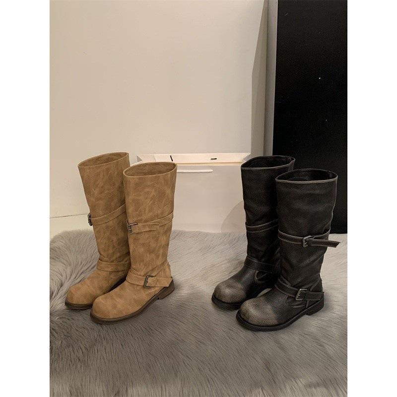 Korean Old Belt Buckle Medium Tube Knight Boots Thick Sole Niche Pile Boots Martin Boots