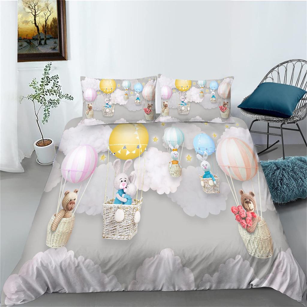 Watercolor Duvet Cover Hand Painted Style Floating Hot Air Balloons Clouds Print Decorative Bedding Set Blue Pink Coral Children