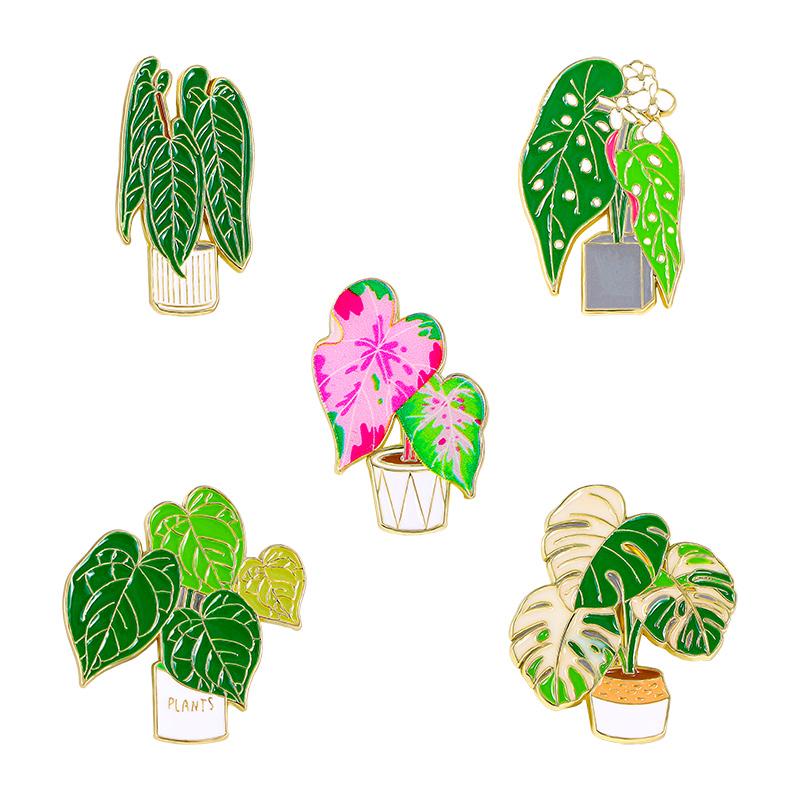 Funny Large Leaf potted Plant Enamel Brooches Cute Green Plant Golden Lapel Pins Gift For Garden Women Girls Badge