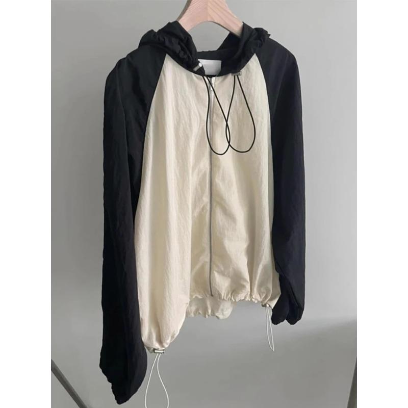 South Korea Chic Autumn Retro Drawstring Contrast Color Patchwork Design All-Match Long Sleeve Hood Jacket Women