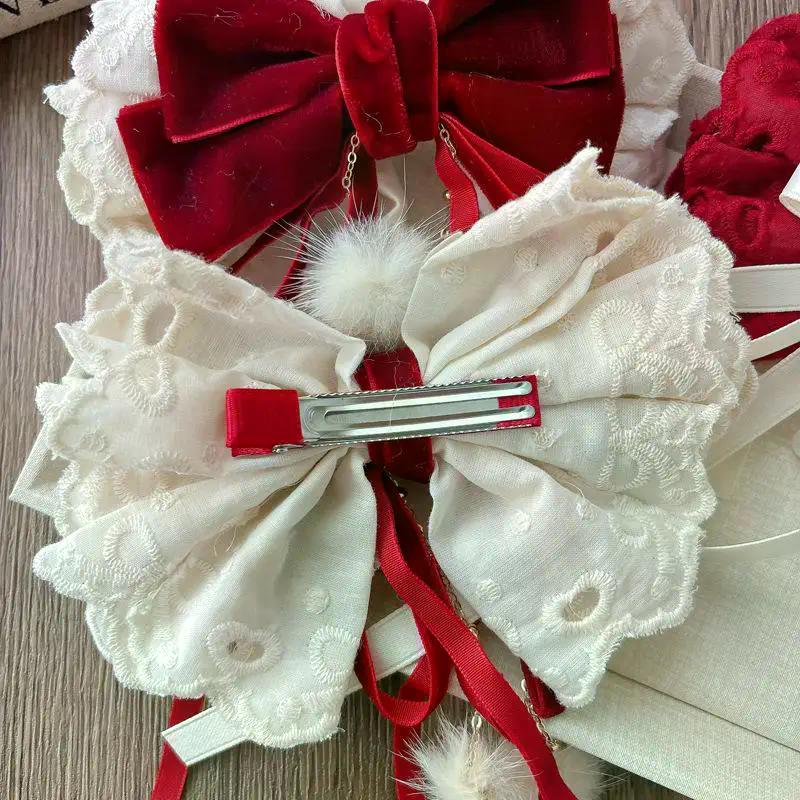 New Lace Bowknot Hair Clips For Girls Sweet Versatile Stylish New Year Ponytail Hairpin Red Velvet Korean Kids Princess Headwear