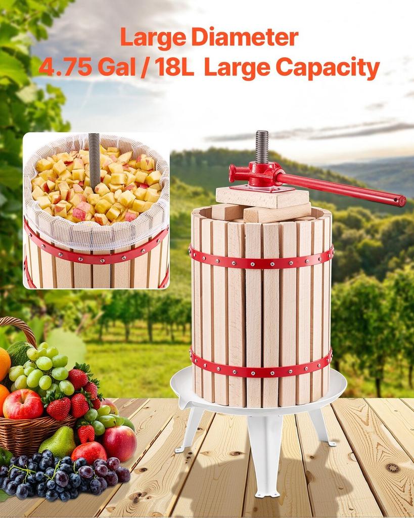 Fruit Wine Press Manual Press for Wine Making 4.75 Gal/18L Wood Basket