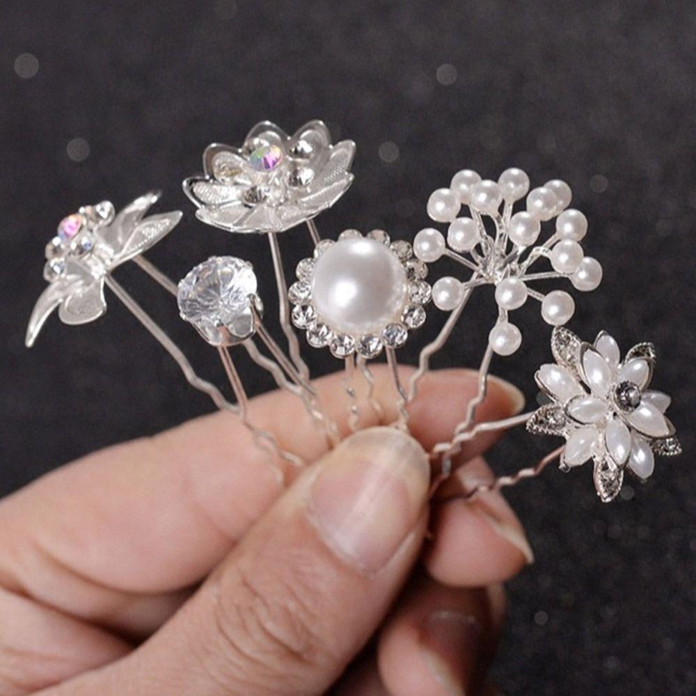 5Pcs Fashion Metal Pearl Flower Hairpin Stick Headwear U-shaped Rhinestone Hair Clip Headdress Bridal Hairpin Wedding