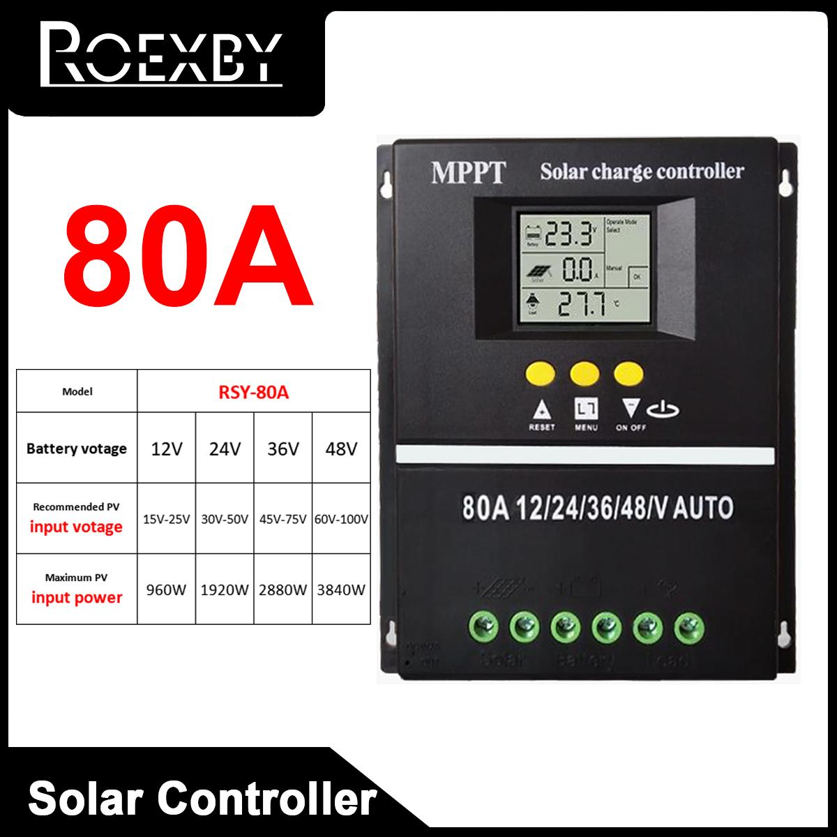 ROEXBY 100A 80A 60A Solar Charge Controller Tools MPPT 12V/24V/36V/48V  LCD Dual USB Quick Charger Lead Aacid Lithium Battery 12V 24V 36V 48V Auto