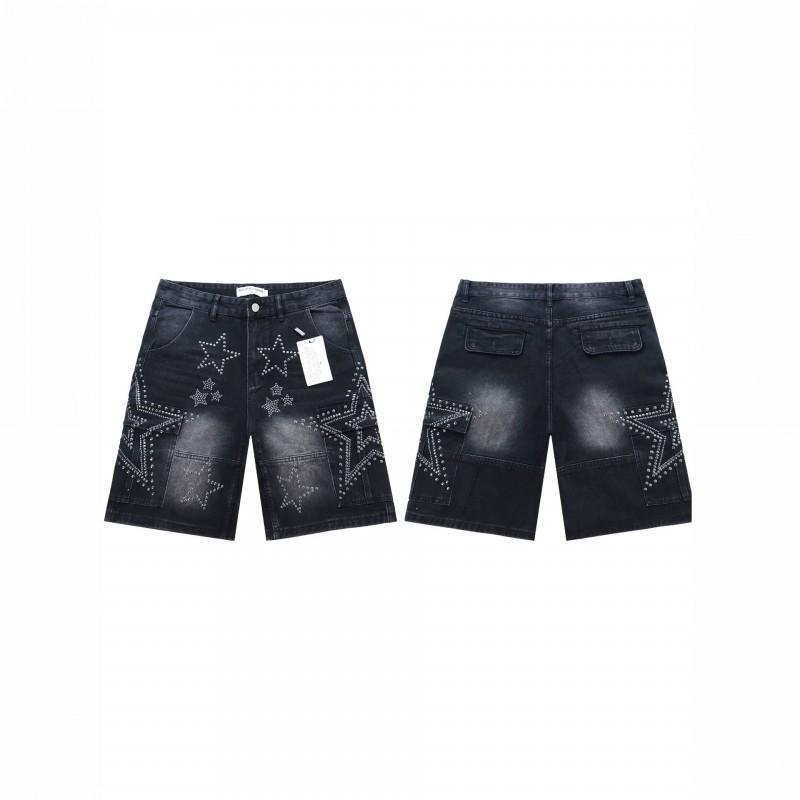 Mens Distressed Denim Shorts With Star Rhinestone Embellishment Utility Pocket Design Slim Fit Cotton Short Pants Streetwear