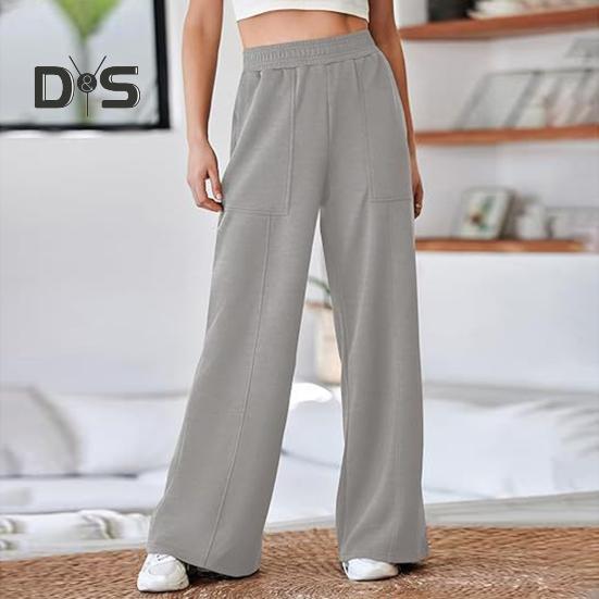 Damenhose, elastisch, hohe Taille, gerades weites Bein, lange Hose, einfarbig, lockere Passform, lange Hose mit Taschen, für den Alltag