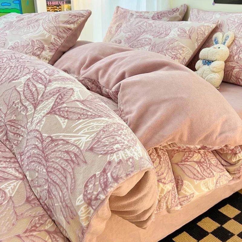 Winter Dickes Bedrucktes Milchsamt Vier-Teile-Set Bequem und Warm Kurzplüsch-Bettbezug 3-teiliges Set Kinderbettlaken