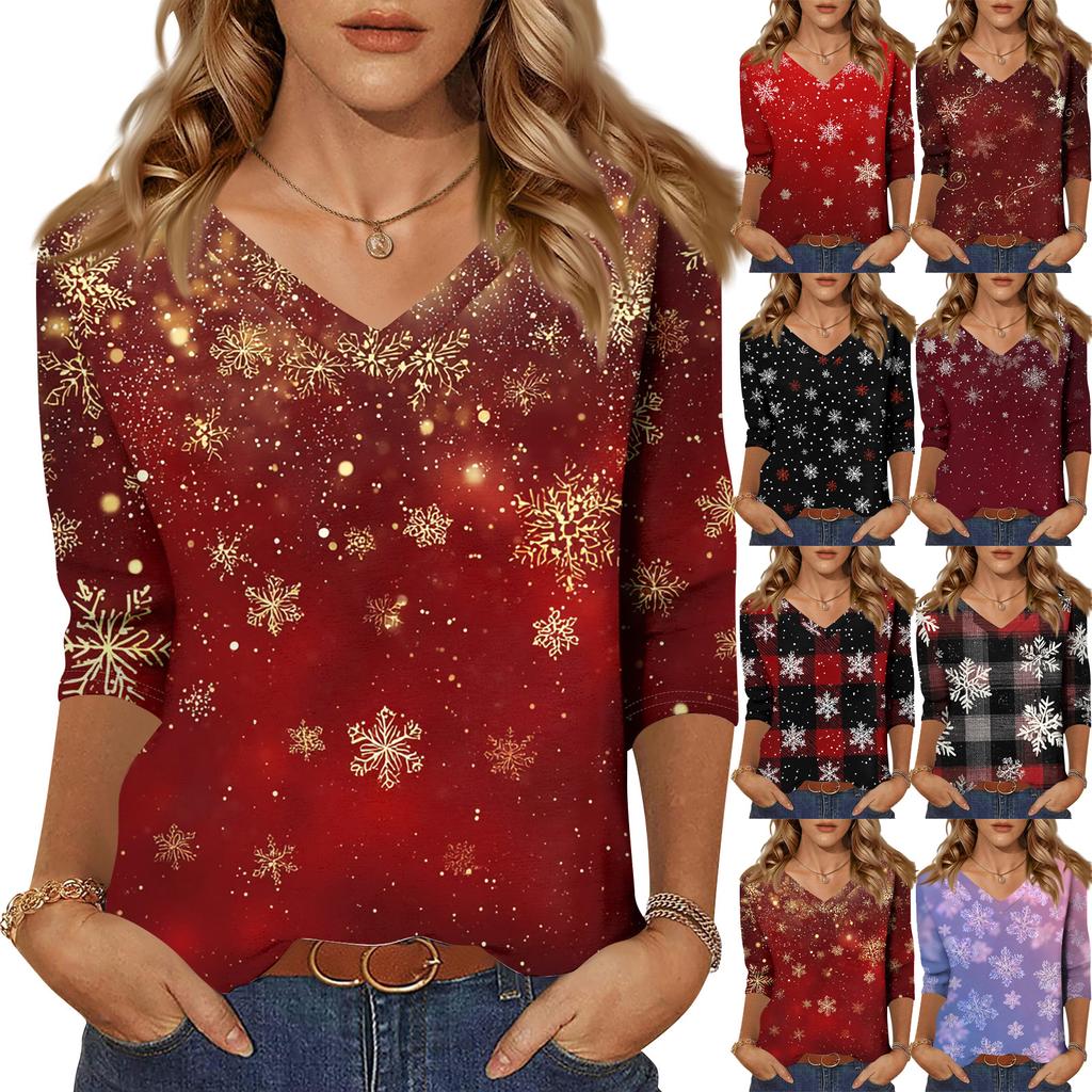 Women's T Shirt CHristmas Print 3/4 Sleeve Daily Weekend Fashion Basic V- Neck Regular Top