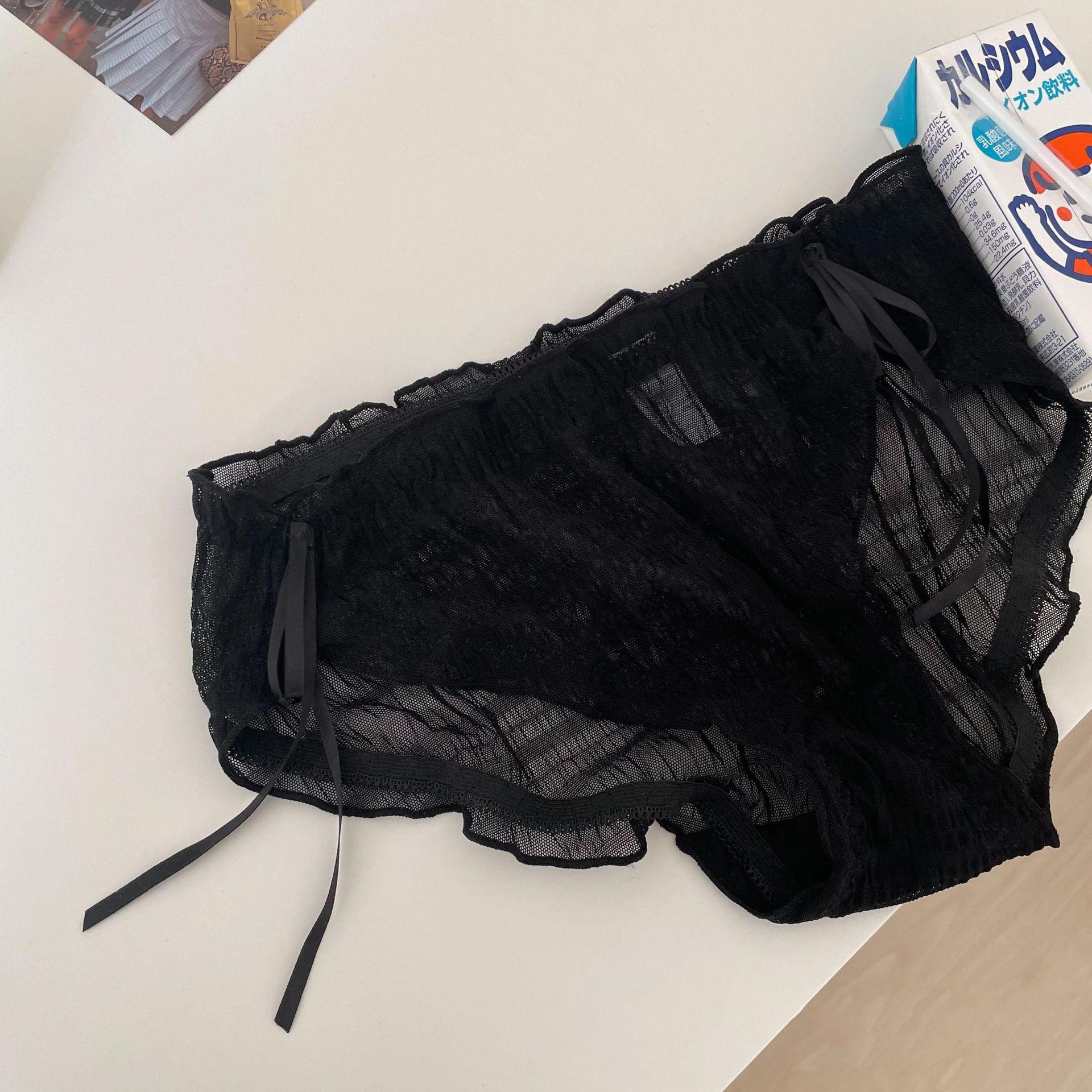 

Japanese Style Cute Ruffled Mesh Panties - Mid-Waist Lace Semi-Transparent Fairy Triangle Briefs Large чорний