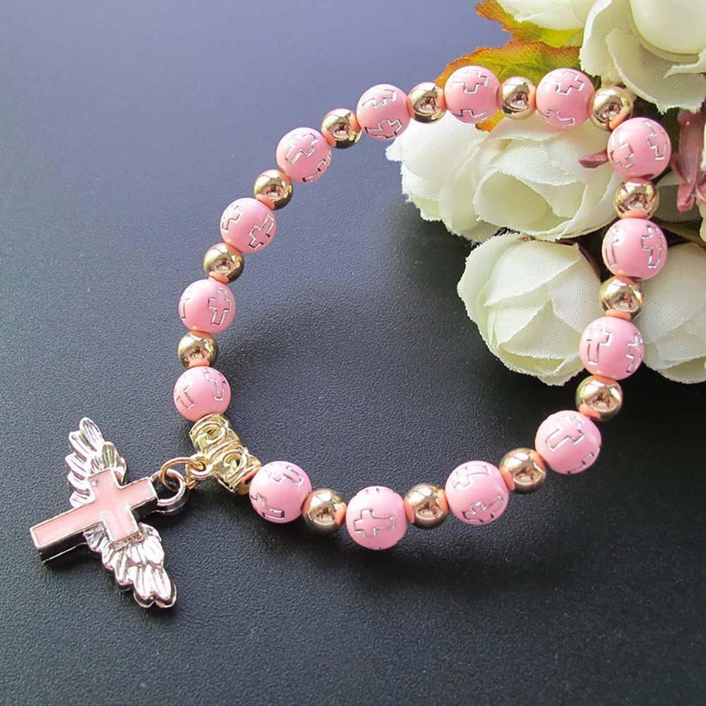 Exquisite Angel Wing Cross Rosary Bracelets Bronzing Acrylic Baptism Stretch Beaded Bracelets for Women Girls Religious Gift COLOR