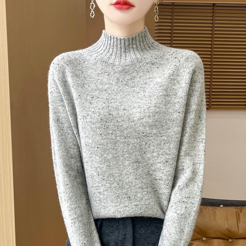 Women's Polka Dot Wool Sweater - Thick, Loose-Fit, Half-High Collar for Autumn and Winter Elegance