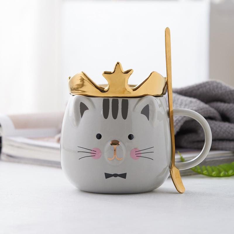 Ceașă de cafea cu capac și lingură, 500ML, cu coroană de animale din desene animate, ceașcă din ceramică pentru cuplu, cană din ceramică, ustensile de băut pentru acasă.