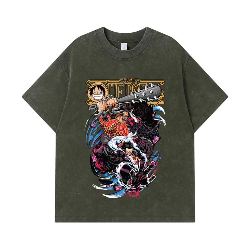 275 GSM Washed T-shirts 100% Cotton One Piece V6 Luffy Kaido Print Unisex Heavy Cotton T Shirt S армия зеленый