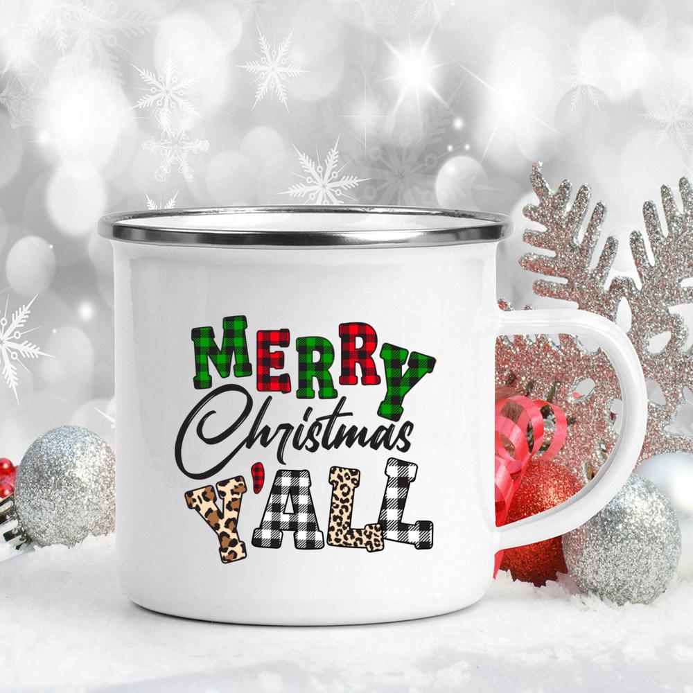 Snowman Ship Print Enamel Coffee Mugs Beer Juice Mug Handle Cocoa Cups Merry Christmas Cup Party Table Decoration New Year Gift