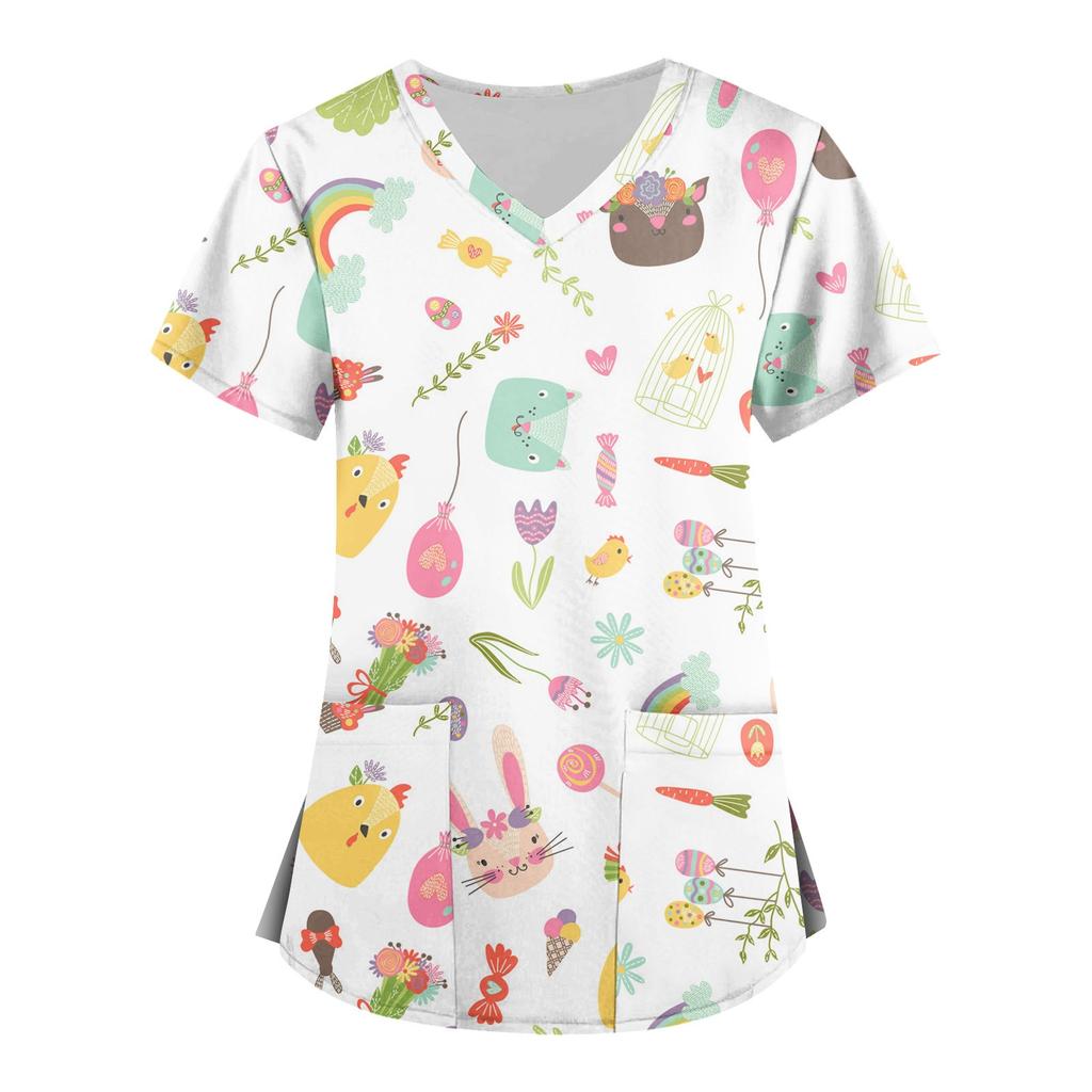 Women's Fashion V-neck Short Sleeve Workwear With Pockets Printed Tops