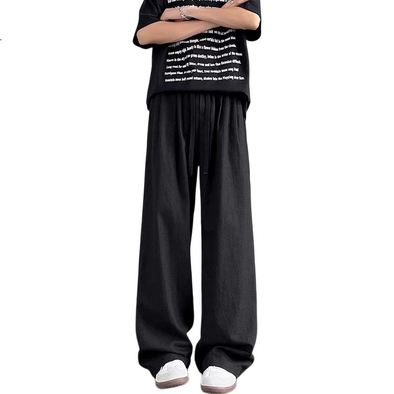 Dingfengbaoluo Men's Linen Pants, Spring Pure Cotton, Draping Loose Straight-Leg Solid Color Casual Pants, DJ83 Black 3XL