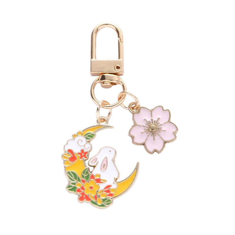 Fashion Cute Moon Flower Rabbit Keychain For Women Sweet Cartoon Enamel Gold Color Key Chain Bag Car Key Decoration Girls Gift