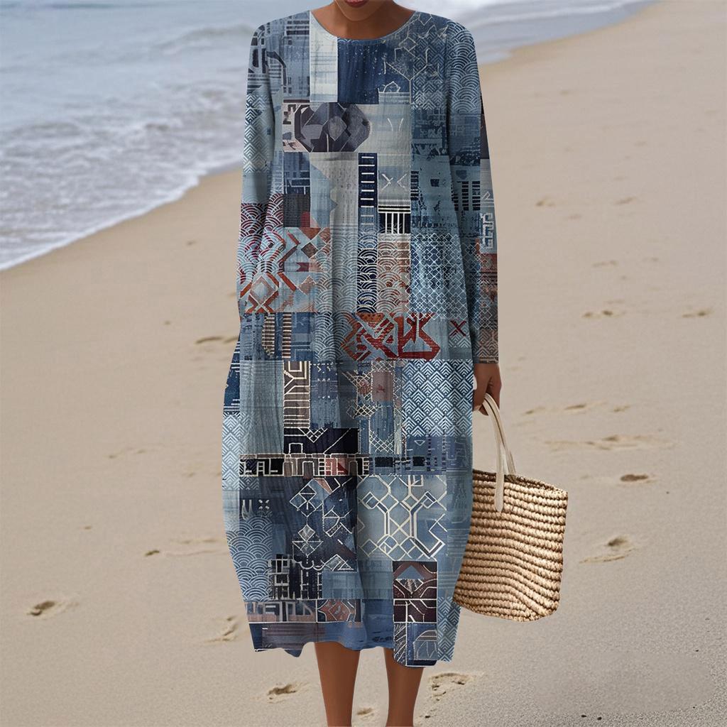 Women's Fashionable Casual Long-Sleeved Round Neck Retro Geometric Print Elegant Dress