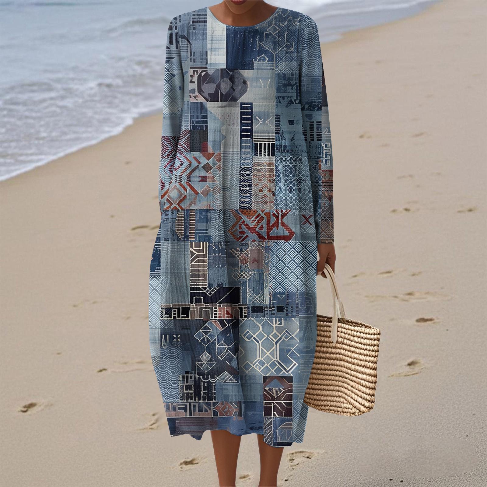 

Women s Fashionable Casual Long-Sleeved Round Neck Retro Geometric Print Elegant Dress XXL синий