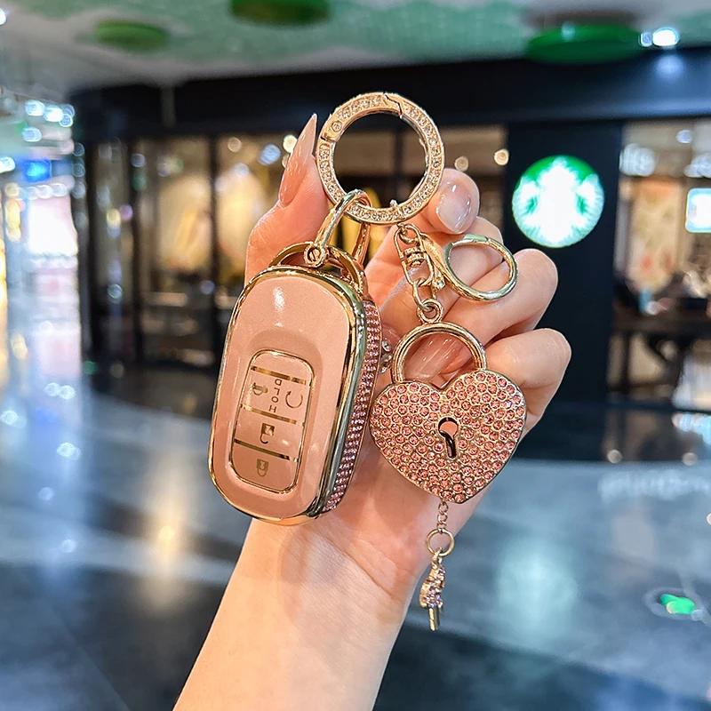 Car Key Case Cover Shell For Honda Civic Car Accessories Cute Bear Keychain, Diamond Car Key Holder
