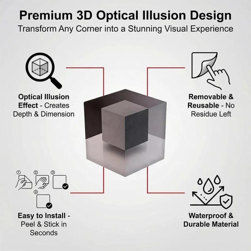 Samolepka na zeď s optickým klamem, Nemožné rohy, Nástěnné umění, které přetváří realitu, Iluzorní 3D samolepky na zeď, Dekorace do domácnosti
