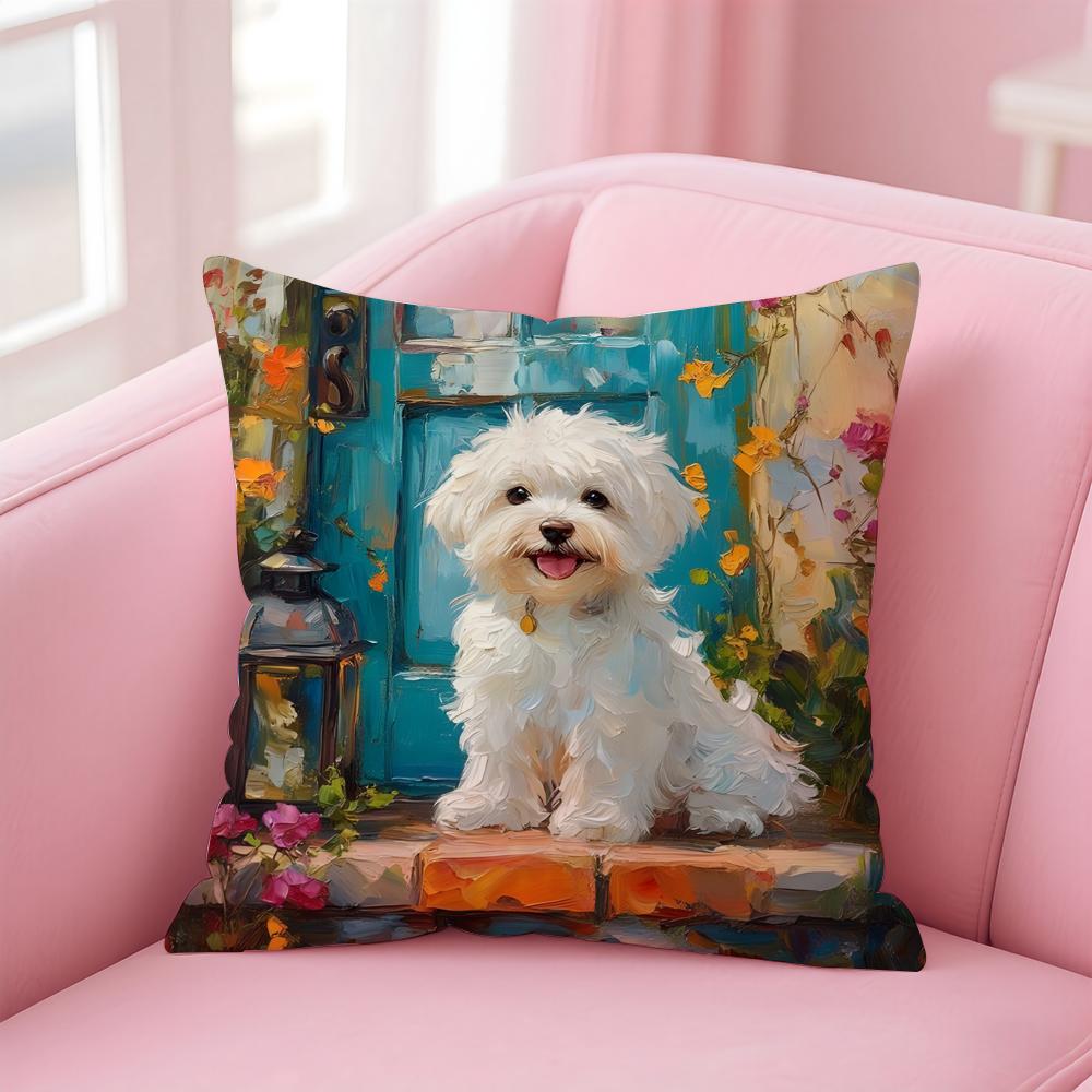 Oil Painting Of Cute Pet Dog Cushion Cover Linen Pillowcase Cover Soft Decor for Sofa Home Room