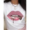 Damski T-shirt z krótkim rękawem Biała koszulka z nadrukiem ust i czekolady Casualowy Okrągły dekolt Rozciągliwy Miękki materiał