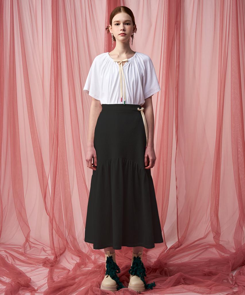 Pelimela Seersucker Flare Long Skirt (Black)