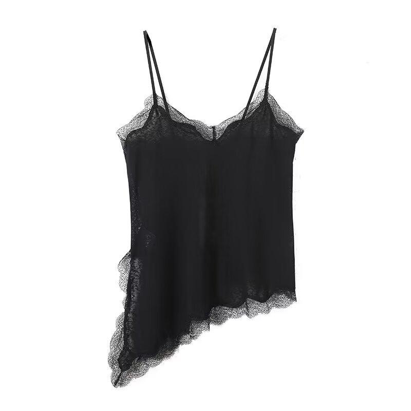 European and American style, new women s clothing, versatile, sexy asymmetrical hem lace suspender top S чёрный