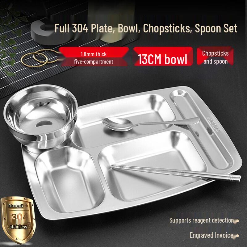 

304 Stainless Steel Divided Lunch Tray Set with Bowl and Utensils