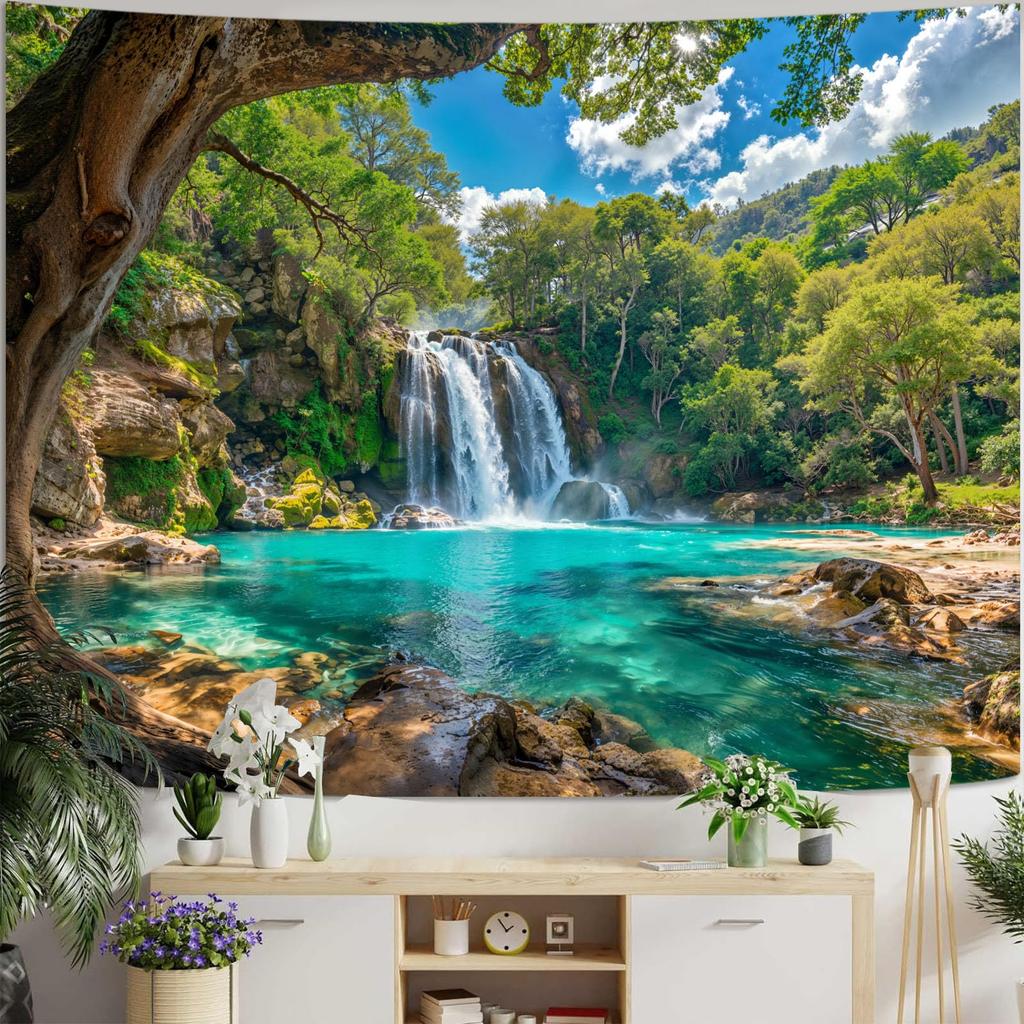 Tropical Forest Waterfall Tapestry Healing Nature Landscape Wall Hanging for Bedroom Living Room Homestay Decor