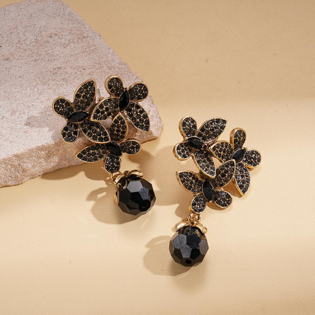 Dark Wind Diamond Glass Butterfly Flower Round Silver Needle Earrings Personalized Light Luxury Earrings