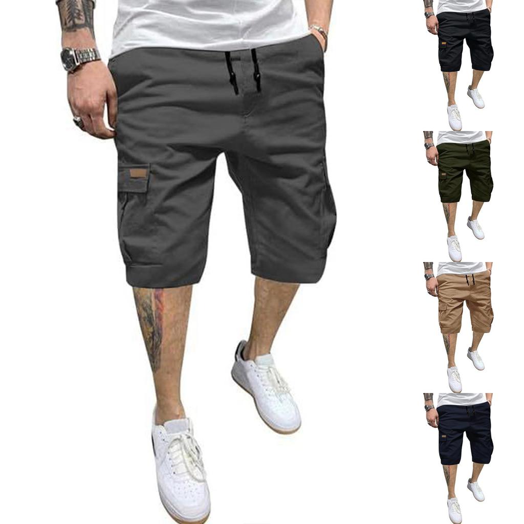 Men Multi Pocket Cotton Cargo Shorts Loose Fit Drawstring Waist Casual Outdoor Pants