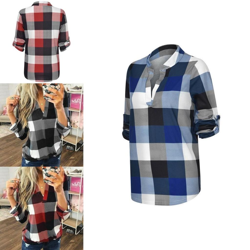 Stylish S-5xl Women's Long Sleeve Plaid T-shirt Blouse With V-neck Design