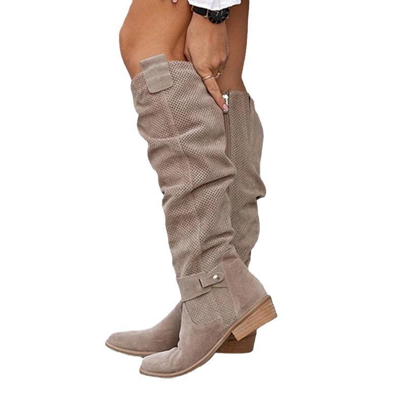 New casual low-heel side zipper burned flower high women's boots