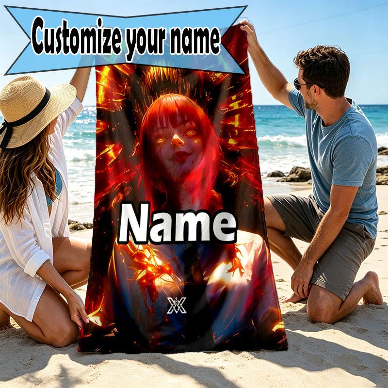 Custom Name Personalized Makima Chainsaw Man Print Beach Towel, for Trip Camping Beach Party Home Decor, Birthday Gift for Family & Friends