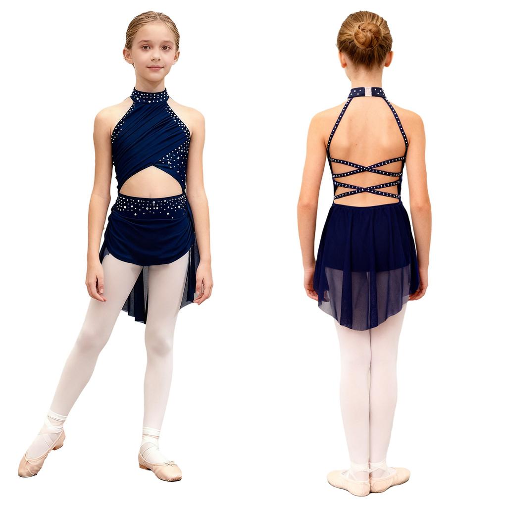 Kids Girls Modern Lyrical Dance Dress Ballet Figure Skating Gymnastics Leotard Bodysuit Costume Strappy Back Latin Jazz Dress