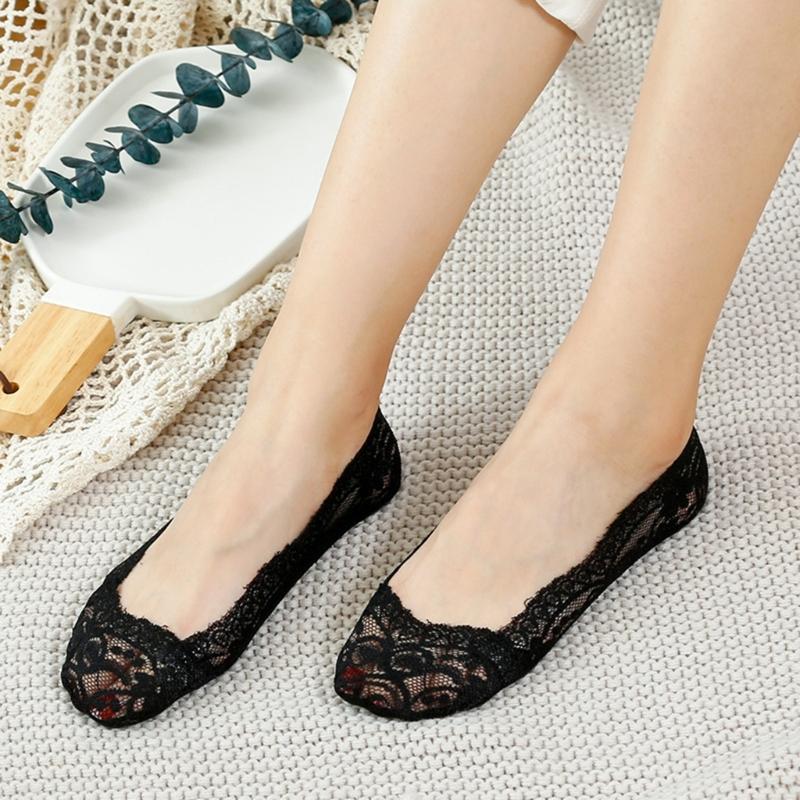 5 Pairs Breathable Ice Silk Invisible Socks For Women Antislip Lace Low Cut Socks Casual Shoes Accessories