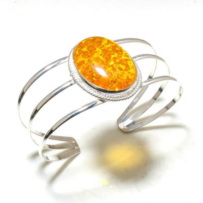 925 Sterling Silver Amber Gemstone Handmade Cuff Bracelet Jewelry Adjustable Size For Her Love Friend