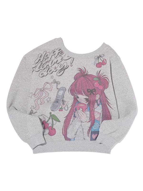 KIRSH X Pitu Graphic Off-Shoulder Crop Sweatshirt [Melange Grey]