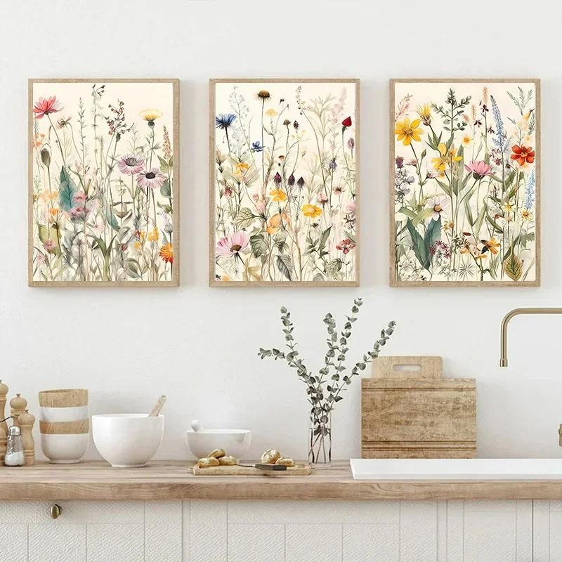 Modern Wild Flowers Leaves Botanical Nature Posters Watercolor Canvas Painting Living Room Bedroom Wall Art Pictures Home Decor