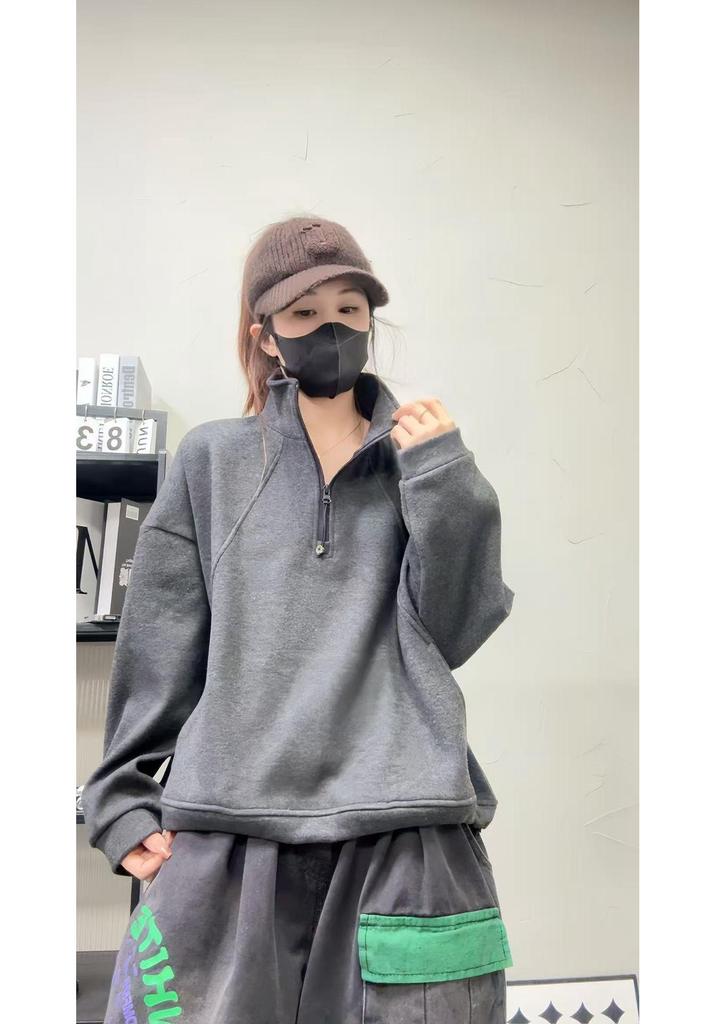 Women's Casual Stand Collar Patchwork Half-Zip T-Shirt Hoodie - Autumn/Winter 2025 Collection (Plus Velvet, Solid Color)