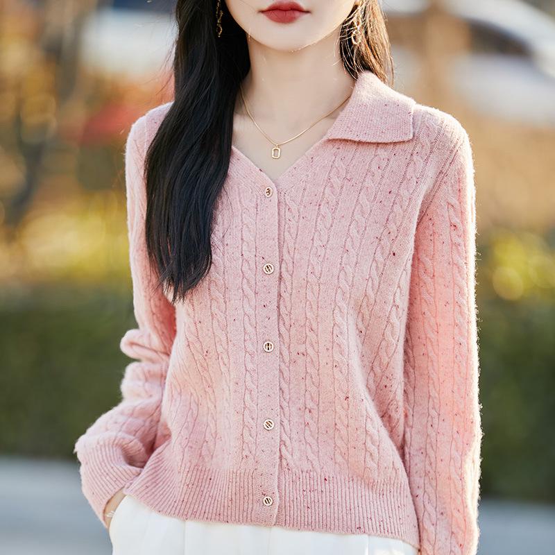 Women's Chic V-Neck Heathered Wool Cardigan - 2025 Spring/Autumn Fashionable Knit Sweater
