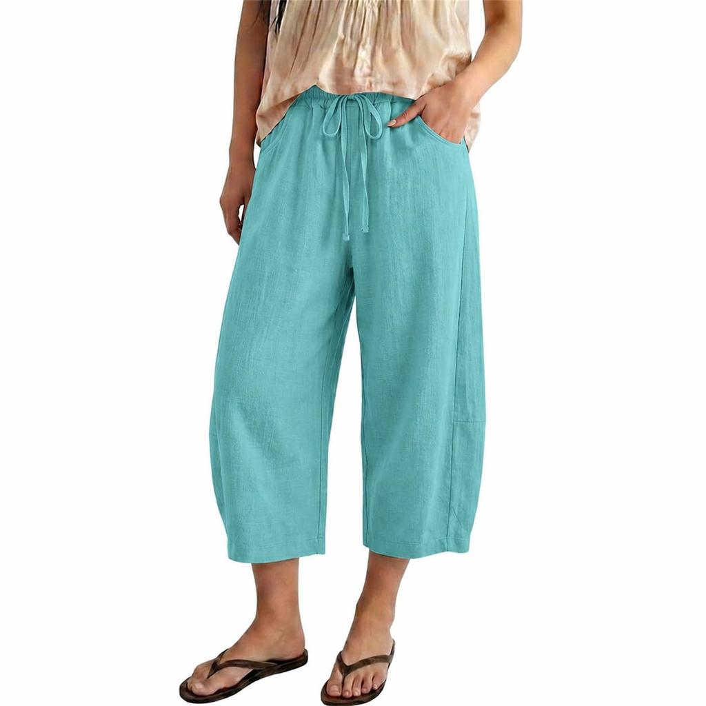 Women's Short Linen Flared Pants With Drawstring, Wide-Leg Cotton Cropped Pants