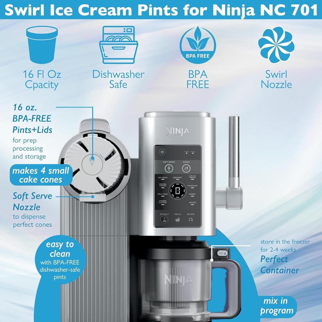 Compatible with Ninja Swirl by Creami NC700 Ice Cream MakerFits NC701 NC701Q CN701CO, 16 oz. Cup Container Replacement