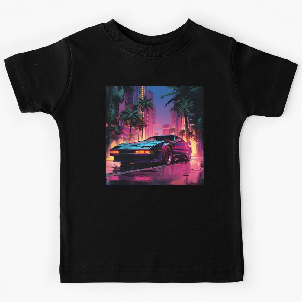 Retro Black Sports Car and Night City with Plams and Neon Colors Kids T-Shirt 120