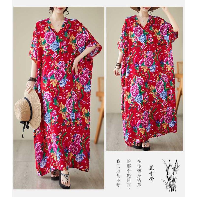 Summer V-neck Cotton Silk Large Size Loose Literary Vacation Style Beach Dresses
