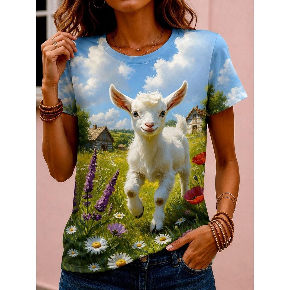 Women's Spring Summer 3D Printed Crew Neck T Shirt, Blue Sky Flower Fence Lazy White Cat Watercolor Print Casual Holiday